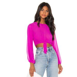 NEW Superdown Jemma Tie-Front Blouse Women Sheer Fuchsia Pink Cropped Top, Small